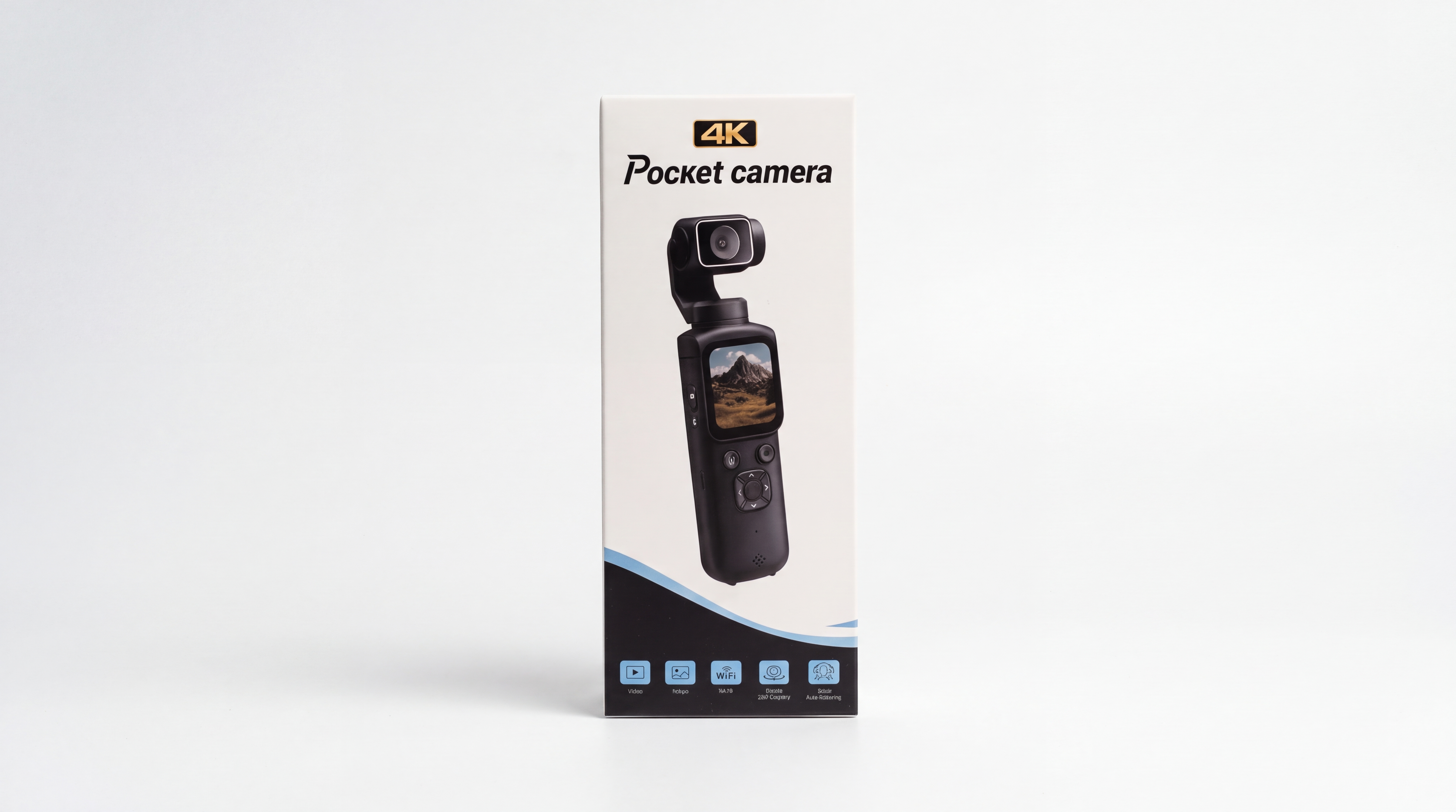 Caméra de poche Generic 4K noire, compacte, posée sur une surface claire.