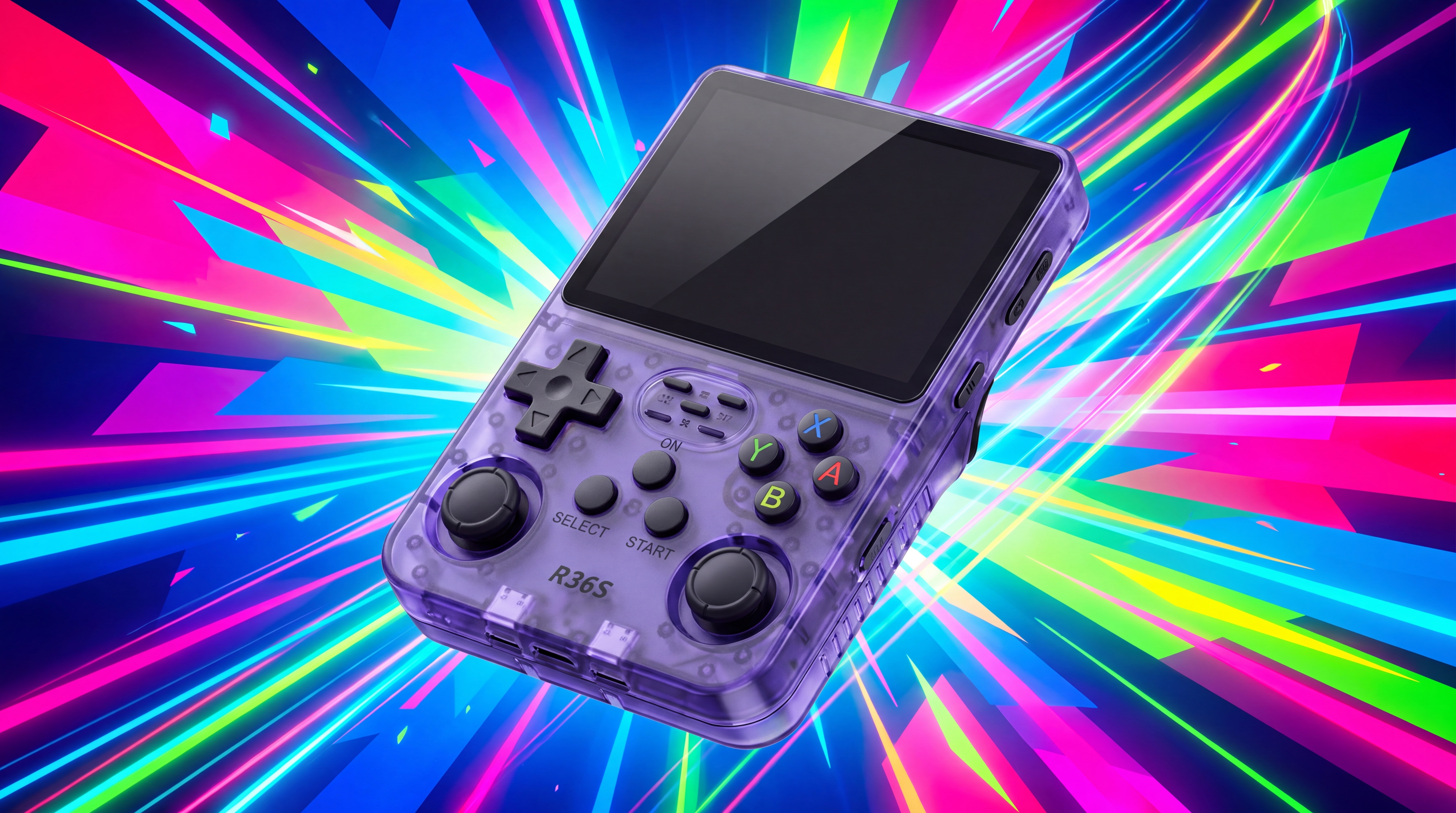 Console de jeu portable R36S de face, fond neutre, affichage écran allumé.